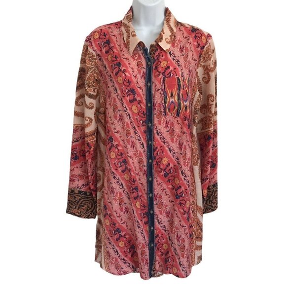 Soft Surroundings Tops - Soft Surrounding Brynn Medium Button Tunic Shirt Floral Paisley Silk Velvet Trim